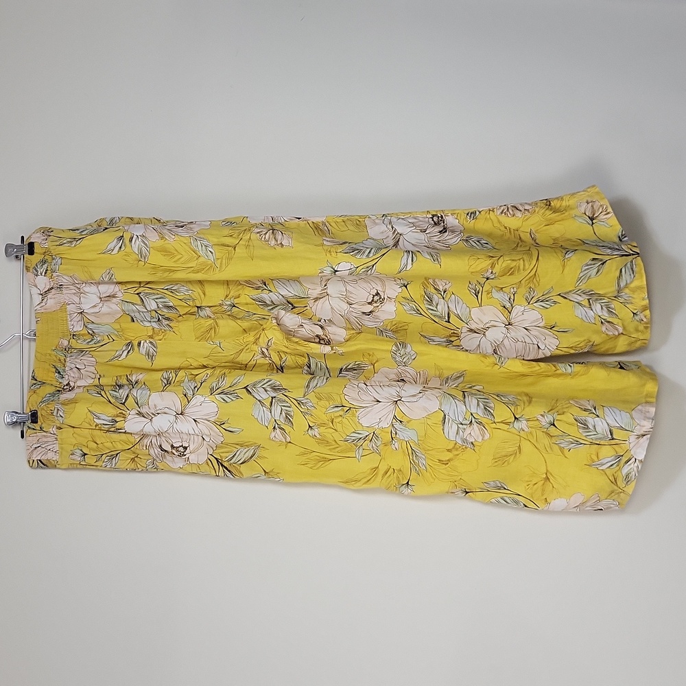 NICOLE MILLER Yellow Linen Tropical Floral Pocket Wide Leg Crop Pull-On Pant - Picture 7 of 12